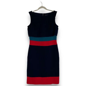RICKIE FREEMAN TERI JON Navy Sheath Dress Size 2 Office Career Red Teal Stripe